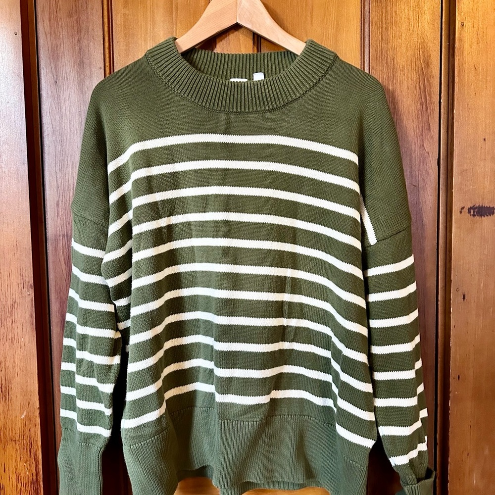 GAP Olive and Cream Striped Crewneck Sweater